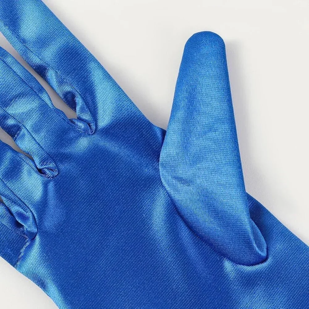 Women's Royal Blue Satin Pearl Short Length Gloves Wedding Banquet Party Prom